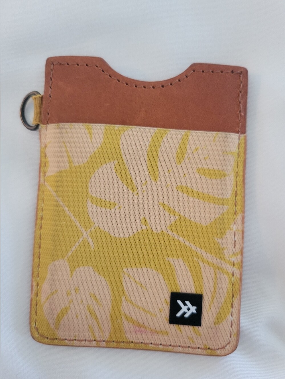 Thread Straight Wallet and Keychain-Yellow Hibiscus Webbing and Brown Leather